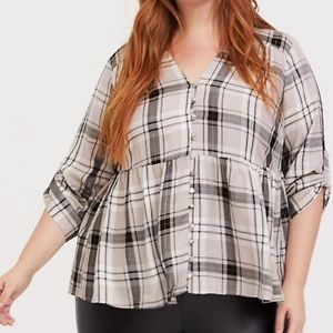 Torrid NWT Plaid Babydoll Blouse Top Plus Size 1 = 14/16 Black Tan White